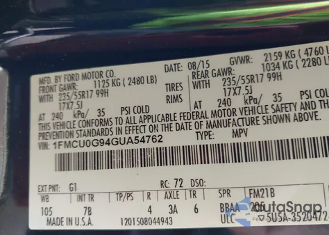 2016 Ford Escape Se z USA, uszkodzony, nr VIN 1FMCU0G94GUA54762